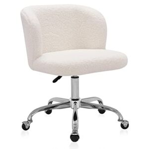 BELLEZE Modern Upholstered Boucle Desk Chair with Swivel Wheels and Adjustable Height, Decorative Rolling Office or Vanity, Stylish Comfy – Aston (White)