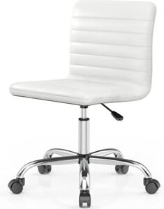 HOMEFLA PU Leather Office Armless-Computer Swivel Rolling Task Home Low Back Makeup Ribbed Desk Chair with Wheels for Bedroom Conference Reception Room (White, Retro)