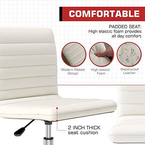 HOMEFLA PU Leather Office Armless-Computer Swivel Rolling Task Home Low Back Makeup Ribbed Desk Chair with Wheels for Bedroom Conference Reception Room (White, Retro) | The Storepaperoomates Retail Market - Fast Affordable Shopping