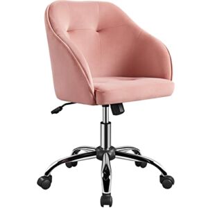 Yaheetech Velvet Office Desk Chair with Mid Back Adjustable Tilt Angle Computer Chair Upholstered Armchair w/360° Wheels Modern Task Chair Study Chair for Living Room and Makeup Room Pink