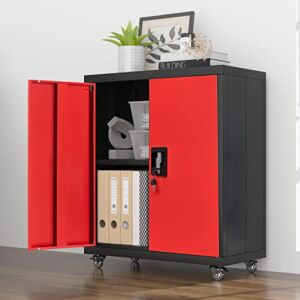 GREATMEET Metal Storage Cabinet with Locking, Multifunctional Garage Storage Closet with Adjustable Shelves for Home and Office, Black&Red