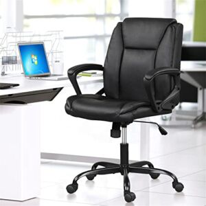 Office Chair with Mid Back Support, Ergonomic Desk Chair with Lumbar Support and Arms, PU Leather Computer Chair with Rolling Wheels, Mid-Back Executive Rolling Swivel Chair for Adult, Black