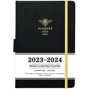 2023-2024 Planner – 18-Month Weekly Monthly Planner with Calendar Stickers, January 2023 – June 2024, 5.75″ x 8.25″, Saffiano Leather with Thick Paper, Pen Loop, Back Pocket with 32 Notes Pages – Black Bee
