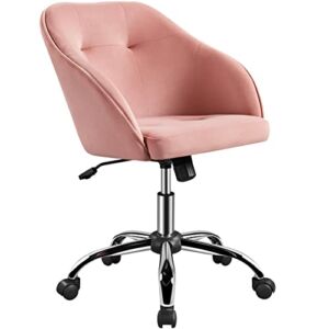 Topeakmart Desk Chair Velvet Office Chair Metal Base Upholstered Task Chair 360° Swivel Height Adjustable with Armrest Computer Chair Modern Makeup Chair Accent Vanity Chair Pink