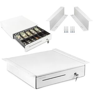 Cash Register Drawer with Under Counter Mounting Metal Bracket – 16” White Cash Drawer for POS, 5 Bill 6 Coin Cash Tray, Removable Coin Compartment, 24V RJ11/RJ12 Key-Lock, Media Slot – for Business