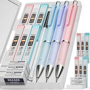 Nicpro 3PCS Pastel Mechanical Pencil Set, Cute Mechanical Pencils 0.7 mm with 6 Tubes HB Lead Refills& 3PCS Eraser& 9PCS Eraser Refill for Student Writing, Drawing, Sketching, Drafting -Come with Case