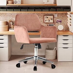 Desk Chair Cute Velvet Office Chair – Modern Desk Chairs with Wheels and Arms, Comfy Swivel Home Task Chair with Hollow Mid Back, Boho Computer Office Chairs for Small Space, Bedroom,Make-up, Pink
