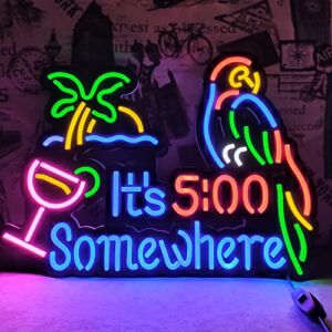 It’s 5:00 Some Where & Parrot LED Neon Sign Art Wall Lights for Beer Bar Club Bedroom Windows Glass Hotel Pub Cafe Wedding Birthday Party Gifts