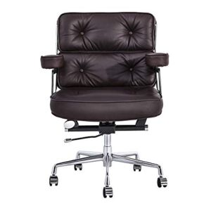 TEMI Mid Back Genuine Leather Office Chair, Adjustable Height Home Office Desk Chair, Liftable Swivel Computer Chair with Rolling Casters for Home Office Use, Easy to Assembly, Dark Brown