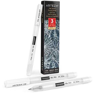 ARTEZA White Gel Pens Set, Pack of 3, White Gel Pens for Artists with 0.6mm, 0.8mm, and 1.00 mm Nibs, White Rollerball Pens for Writing, Drawing, Taking Notes & Sketching