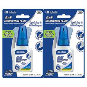 BAZIC Correction Liquid 2 in 1 (0.74 oz / 22 ml), Foam Brush & Precise Metal Tip Applicator, Instant Corrections Pen White Out Wipe Out Fluid, 2-Pack