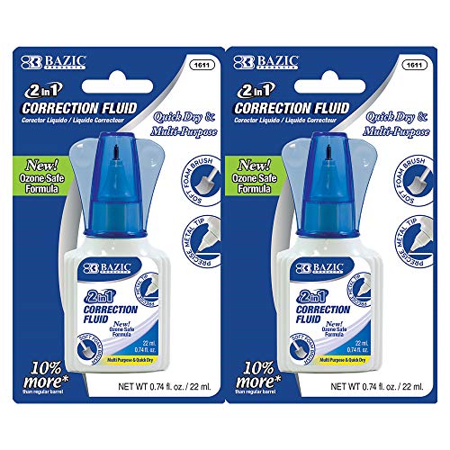 BAZIC Correction Liquid 2 in 1 (0.74 oz / 22 ml), Foam Brush & Precise Metal Tip Applicator, Instant Corrections Pen White Out Wipe Out Fluid, 2-Pack | The Storepaperoomates Retail Market - Fast Affordable Shopping