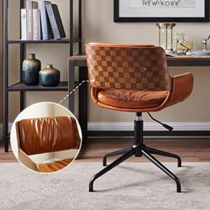 Volans Faux Leather Office Chair Mid Century Vintage Swivel Office Desk Chair, No Wheels, Adjustable Height Task Chair with Armrest, Brown
