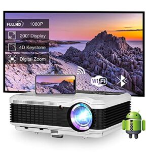 200″ FHD 1080P Home Theater Projector, Smart Outdoor Movie Projector with WiFi Bluetooth, Wireless 8000LM LED Video Gaming Projector with Airplay Mirroring for Phone Laptop, HDMI USB for TV Stick DVD