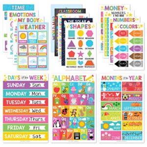 16 Educational Posters for Classroom Decor & Kindergarten Homeschool Supplies Baby to 3rd Grade Kids, Laminated PreK Learning Chart Materials – US & World Map, ABC Alphabet, Shapes, Days of the Week
