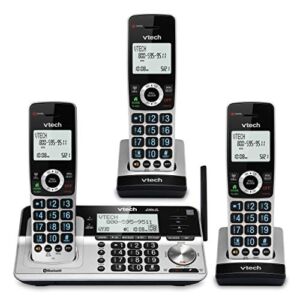 VTech VS113-3 Extended Range 3 Handset Cordless Phone for Home with Call Blocking, Connect to Cell Bluetooth, 2″ Backlit Screen, Big Buttons, and Answering System, Silver & Black