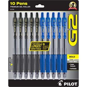 Pilot G2 Bold Pens, Premium Gel Pens, Bulk Pack Of 10 Pilot G2 Pens, 5 Black G-2 & 5 Blue Ink Pens, 1.0mm Medium Point, Retractable Rolling Ball, Office & School Pens for Women & Men.