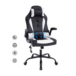 HCB Office Chair, Gaming Chair, Ergonomic Computer Desk Chair High Back Rolling Swivel Height Adjustable with Flip-Up Arms, Headrest and Lumbar Support, Massager, Leather （White）