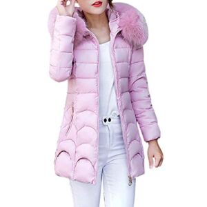 WUAI-Women Plus Size Thickened Hoodies Winter Down Jacket with Faux Fur Hood Parka Puffer Jacket Overcoat(Pink,Medium)