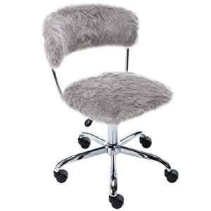 Grey Comfy Home Office Chair, Modern Cute Fluffy Armless Task Chair with Wheels, Faux Fur Upholstery
