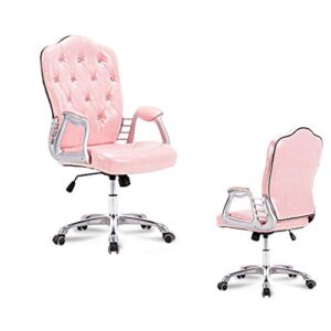 Fubas- Ergonomic Armchair with Casters, Home Office Desk Chair, PU Leather Upholstery-White Crystal Pull Buckle Inlaid Backrest