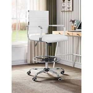 Drafting Chair Stool with Footring,Computer Chair with Arm PU Wrap,Footrest Height Adjustable,Padded Tall Ribbed,Back Support,Swivel Rolling,Footrest,Office Chair Swivel Computer Task Chair (White)