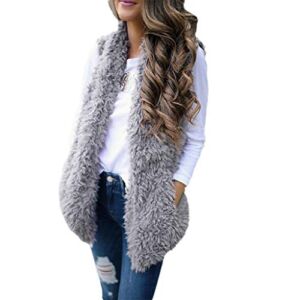 WUAI-Women Fashion Faux Fur Vests Open Front Parka Shaggy Cardigan Jacket Coat Autumn Winter Waistcoat (Grey,X-Large)