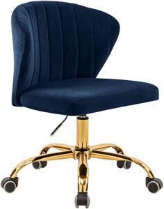 Meridian Furniture 165Navy Finley Collection Modern | Contemporary Velvet Upholstered Swivel and Adjustable Office Chair with Channel Tufting and Gold Base, Navy, 21.5″ W x 21″ D x 29.95″-34.65″ H