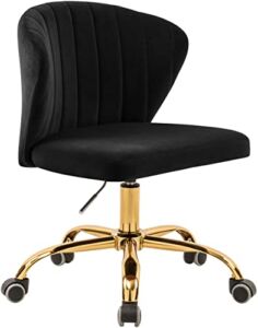 Meridian Furniture 165Black Finley Collection Modern | Contemporary Velvet Upholstered Swivel Adjustable Office Chair with Channel Tufting and Gold Base, Black, 21.5″ W x 21″ D x 29.95″-34.65″ H