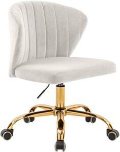 Meridian Furniture 165Cream Finley Collection Modern | Contemporary Velvet Upholstered Swivel Adjustable Office Chair with Channel Tufting and Gold Base, Cream, 21.5″ W x 21″ D x 29.95″-34.65″ H