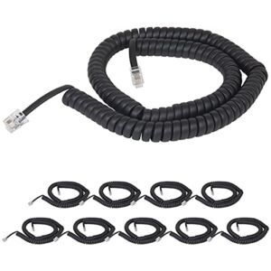Coiled Telephone Handset Cord for Use with PBX Phone Systems, VoIP Telephones – 12 Ft Uncoiled, Rj22, 1.5 Inch Lead on Both Ends, Flat Black, 10-Pack