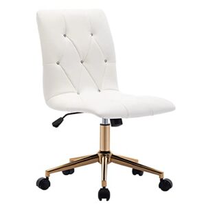 Duhome Modern Home Office Chair，Cute White Desk Chair with Gold Base, PU Leather Task Chair Computer Chair Rolling Chair with Wheels, Armless Vanity Chair for Teens