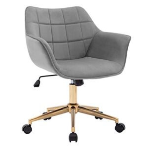 Duhome Modern Home Office Chair Velvet Desk Chair with Gold Metal Base with Mid Back Cute Ergonomic Computer Desk Chair Task Chair with Arms, Wheels Adjustable Swivel 1PCS (Grey Velvet)