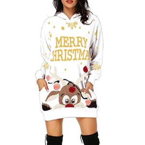 VEKDONE Merry Christmas Hoodies Dress with Pocket Casual Santa Claus Reindeer Snowflake Printed Loose Tunic Sweatshirt Tops(White,Large)