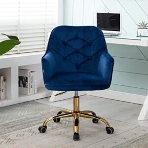 Goujxcy Home Office Chair,Velvet Desk Chair with Golden Metal Base,Modern Adjustable Swivel Chair with Arms (Navy & Gold)