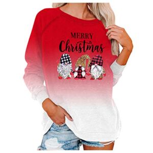 FUNEY Merry Christmas Pattern Printed Long Sleeves Tshirt Sweatshirt Round Neck Loose Casual Tunic Tops for Women Red
