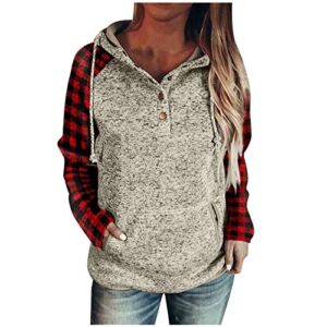 VEKDONE Womens Button Collar Sweatshirt Hoodies Stitching Color Block Plaid Long Sleeve Drawstring Pullover Tops with Pockets(Beige,XX-Large)
