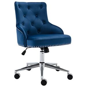 Blairot Home Office Desk Chair with Mid-Back Modern Tufted Velvet Fabric Computer Chair Swivel Height Adjustable Accent Chair with Wheels Metal Base Arms for Study Living (Blue)