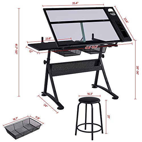 Topeakmart Height Adjustable Drafting Desk Artist Drawing Table Tilted Tabletop Art Desk Work Station w/2 Storage Drawers and Stool for Home Office | The Storepaperoomates Retail Market - Fast Affordable Shopping
