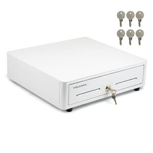Mini Cash Register Drawer for Point of Sale (POS) System with Round Edges – Fully Removable 2-Tier 4 Bill 5 Coin Cash Tray, 24V, RJ11/RJ12 Key-Lock, Media Slot, White – for Stores and Business