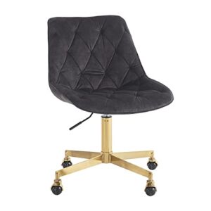 Creatuis Modern Velvet Armless Office Vanity Desk Task Chair with Wheels Rolling Swivel Accent Chair with Gold Metal Base Stool Chair for Women Grils Make up Study J&L Furniture（Anthracite）
