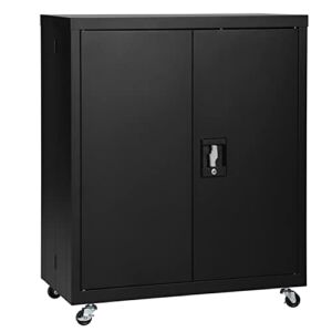 LUCYPAL Metal Storage Cabinet with Wheels,Lockable Garage Storage Cabinet with Adjustable Shelf and Doors,Steel Locking Cabinet for Office,Home,Garage,Classroom,Black…