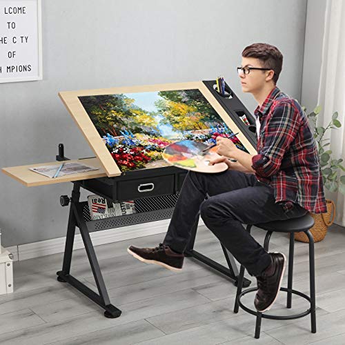 Waful Height Adjustable Multifunctional Wooden Drafting Drawing Table, Art Artist Desk Craft Station Study Table Tilting Tempered P2 MDF Tabletop with Stool for Reading, Writing Art Craft Work Station | The Storepaperoomates Retail Market - Fast Affordable Shopping