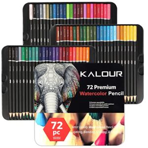 KALOUR Watercolor Pencils – Professional Set of 72 – Beautiful Blending Effects with Wet or Dry – Ideal for Coloring Book – Water Soluble Pencils for Kids Adults Beginners