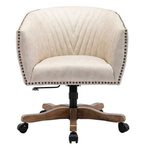 Guyou Retro Barrel Swivel Home Office Desk Chair for Heavy Duty, Upholstered Ergonomic Accent Arm Chair with Luxurious Nailheads and Pleated Mid-Back, Beige in Faux Leather