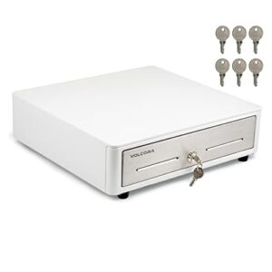 Mini Cash Register Drawer for Point of Sale (POS) System – Round Edges, White with Stainless Steel Front – Fully Removable 2-Tier 4 Bill 5 Coin Cash Tray, 24V, RJ11/RJ12 Key-Lock, Media Slot