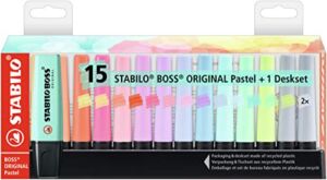 Highlighter – STABILO BOSS Original Pastel – Desk Set of 15pcs – 14 Assorted Colors (2X Dusty Grey)