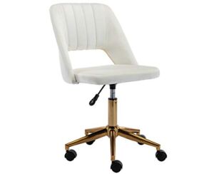 DM Furniture Velvet Office Desk Chair with Wheels, Mid Back Modern Home Office Chair Small and Cute for Bedroom, White with Gold Base
