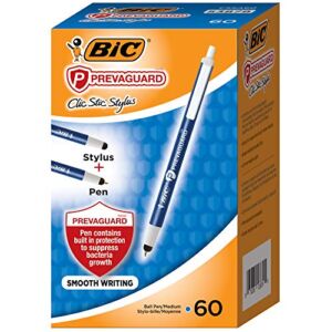 BIC PrevaGuard Clic Stic Ballpoint Pen & Stylus, With Built-in Protection To Suppress Bacteria Growth, Medium Point (1.0mm), Blue, 60-Count