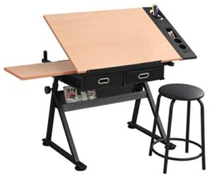 Waful Height Adjustable Drafting Draft Drawing Art Table Desk Tiltable Tabletop Art Craft Paintings Work Station Artist Table for w/ 2 Storage Drawer for Reading, Writing Art Craft Work Station
